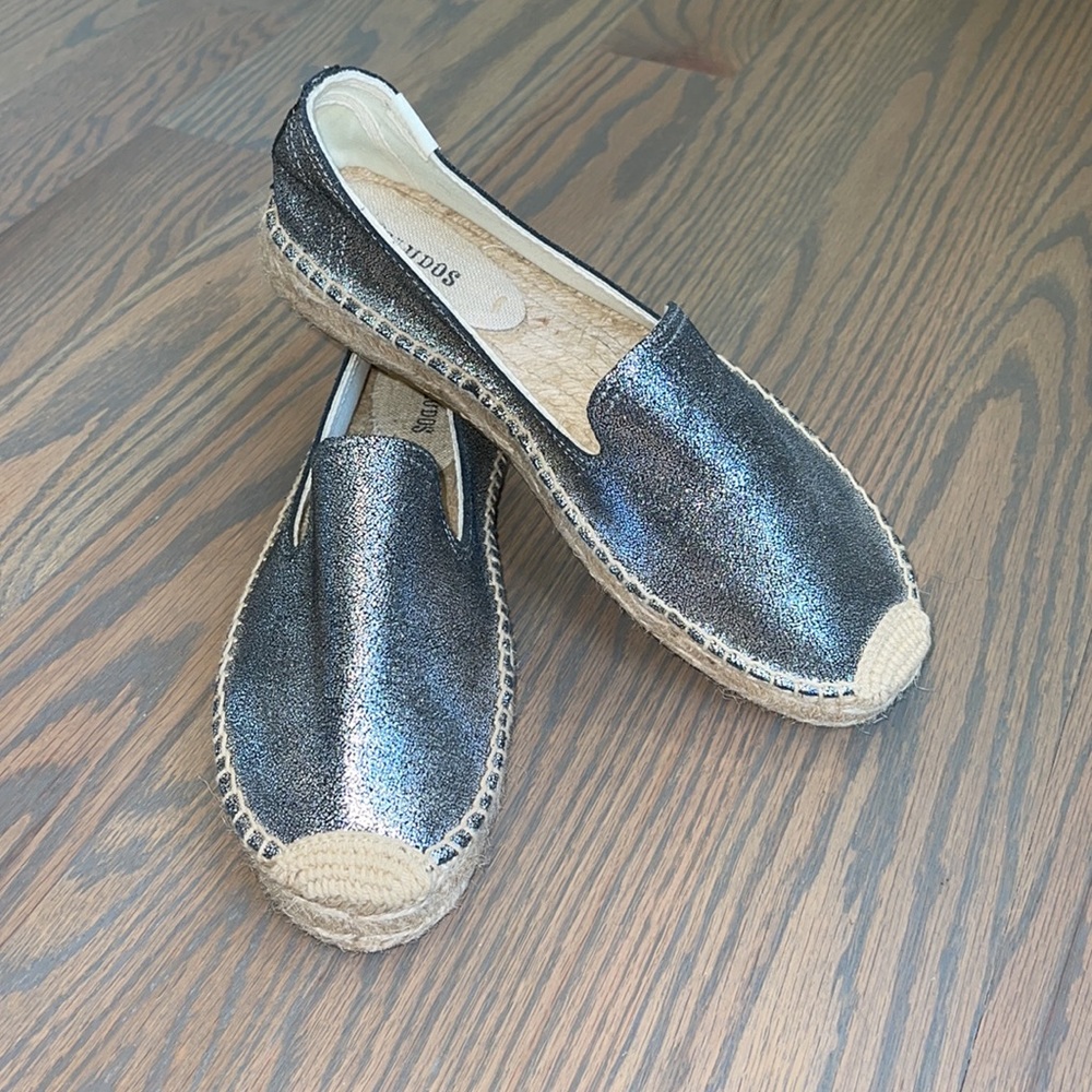 ☀️Soludos Silver Leather Slip On Flatform Platform Espadrille Sandals Size 8